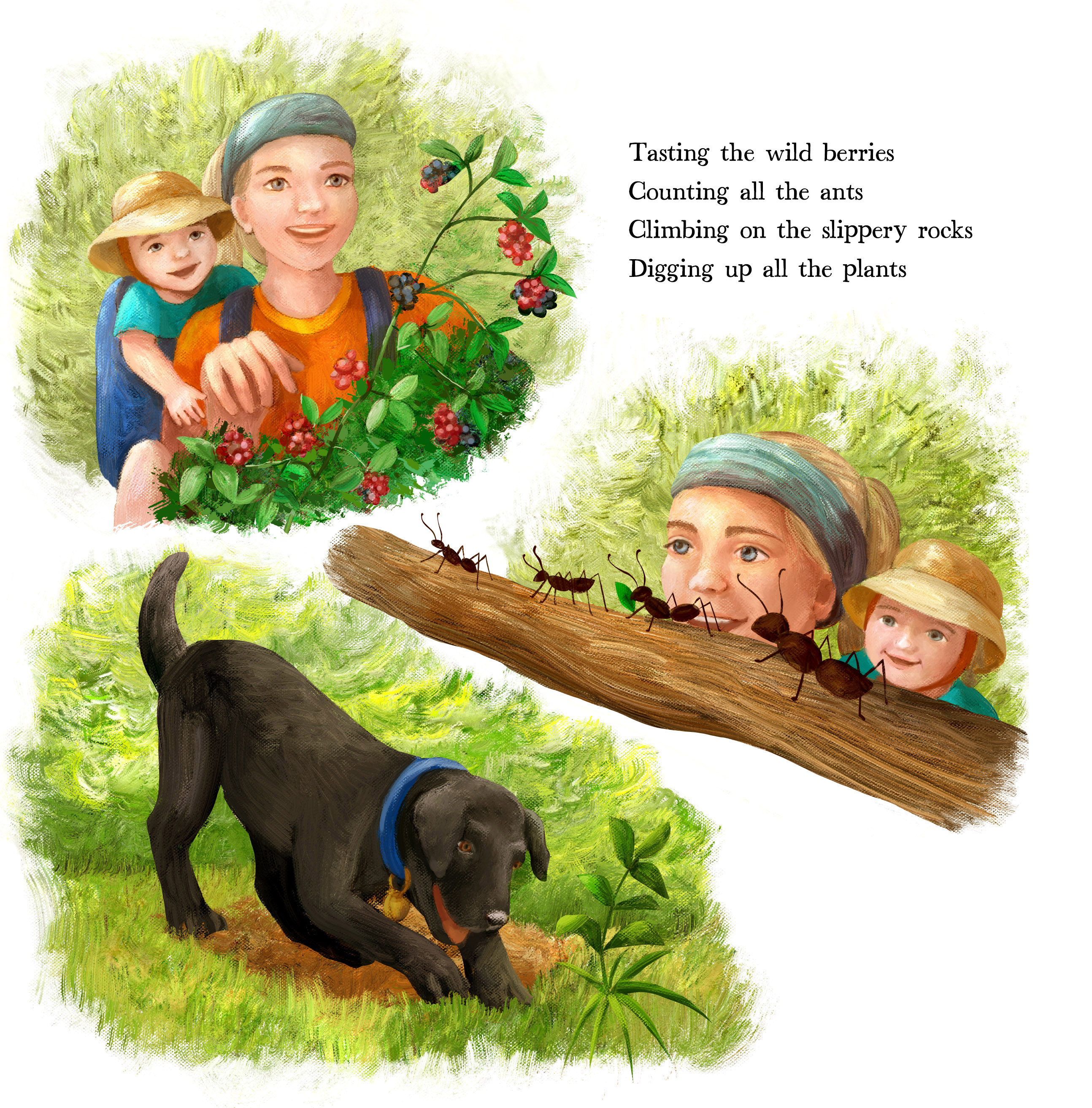 Finished full color artwork of a berry-picking scene from 'Walk in the Woods'.